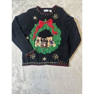 Women’s Vintage Christmas Sweater Granny Core Black Green B.P Design Size Medium